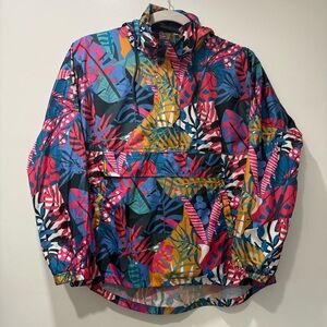 Lauren James Windbreaker Tropical Floral Print Pullover Hooded Pockets Large.